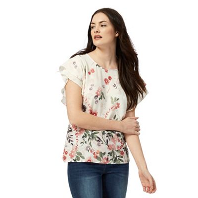 Cream floral print frilled sleeved top